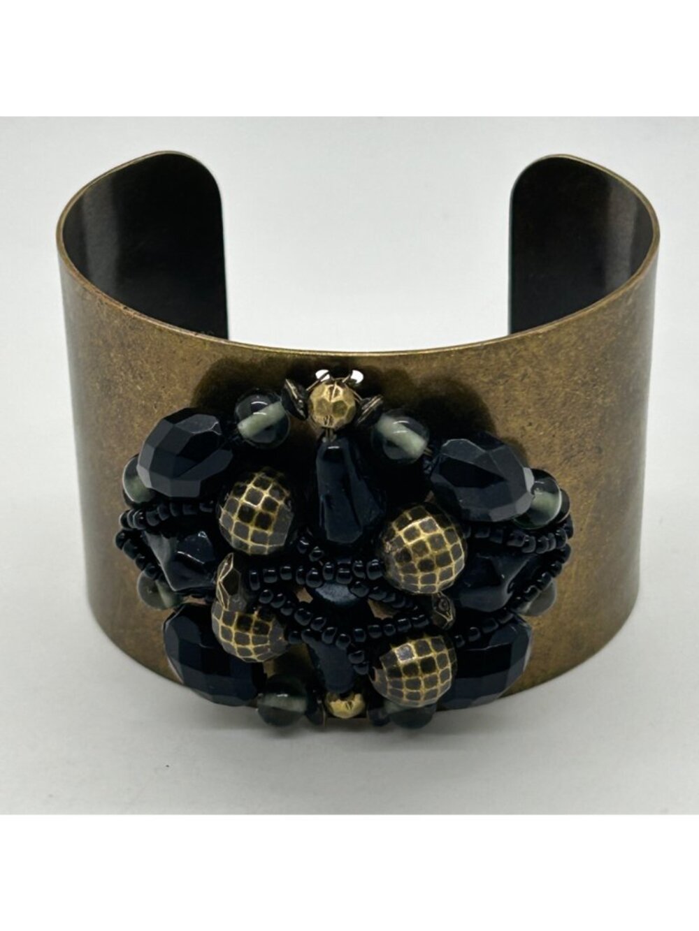 Vintage Brass Wide Cuff Bracelet Black Gold Beaded Cluster Boho Statement - Picture 8 of 11